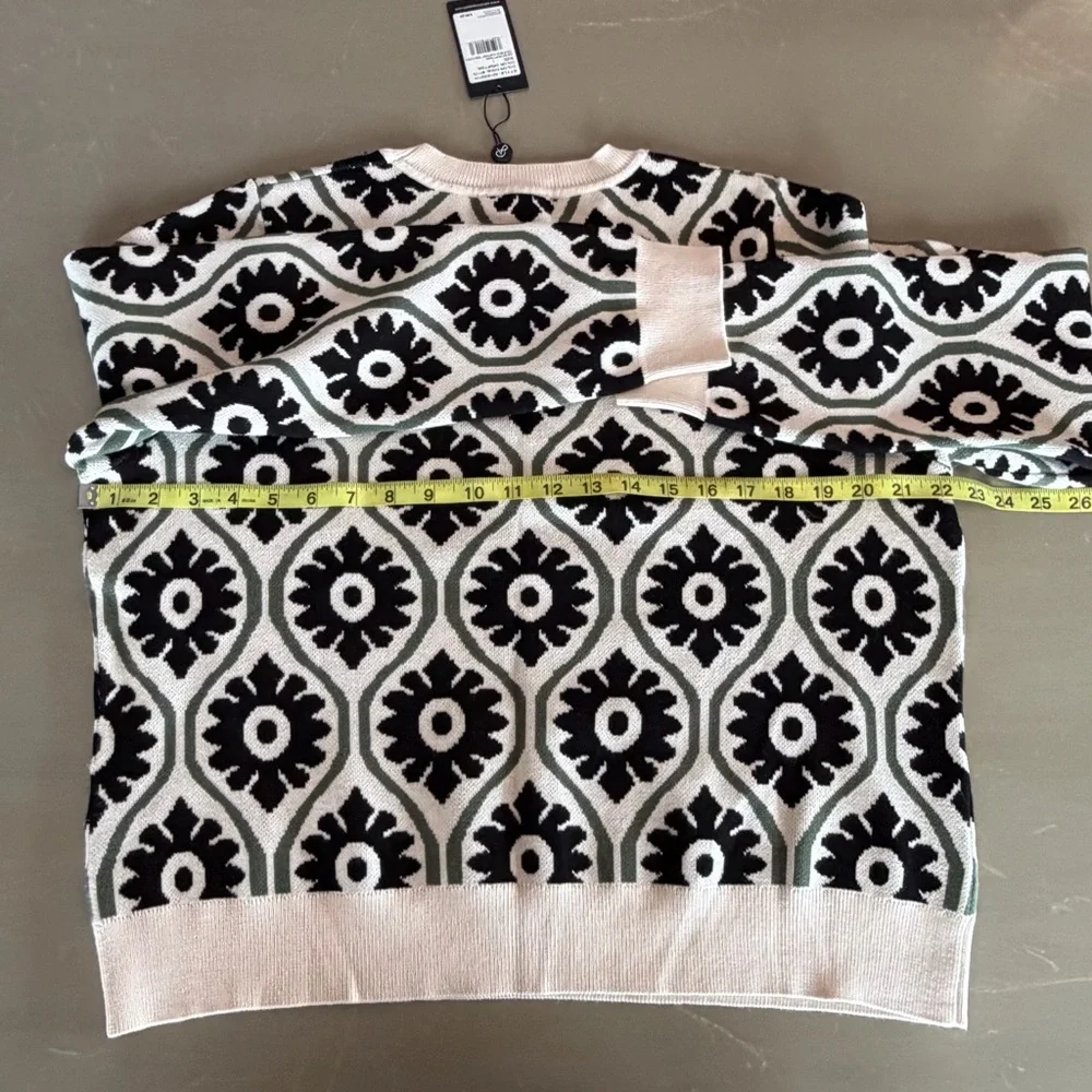Adrianna Papell Cream Black Olive Floral Jacquard Sweater Crewneck Women L NEW - Picture 6 of 8